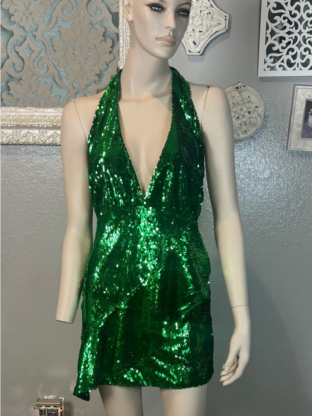 NBD Green Sequin Halter Dress - Picture 2 of 14